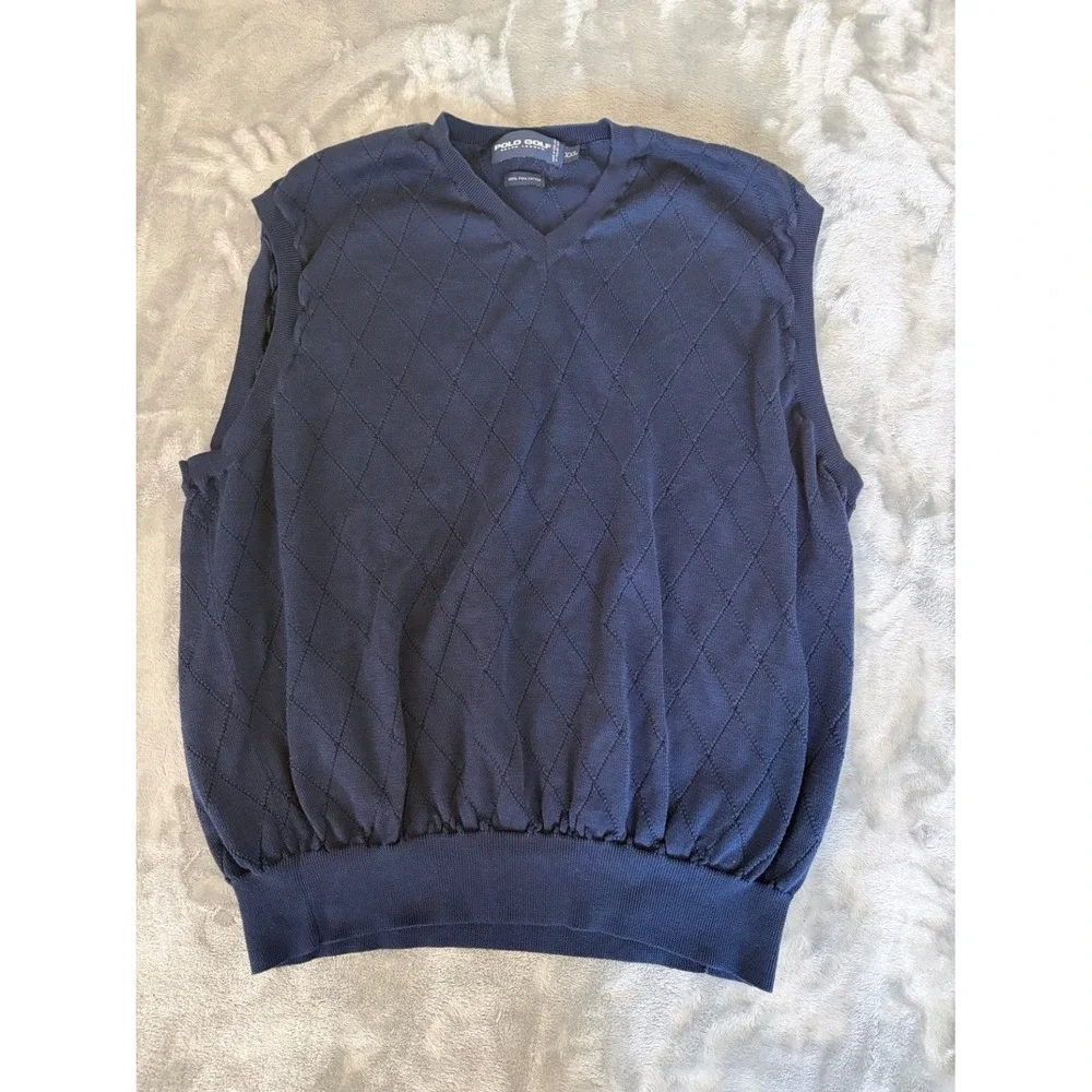 Polo Golf Ralph Lauren Men XXL Navy Blue Pima Cotton V-Neck Sweater Vest Argyle